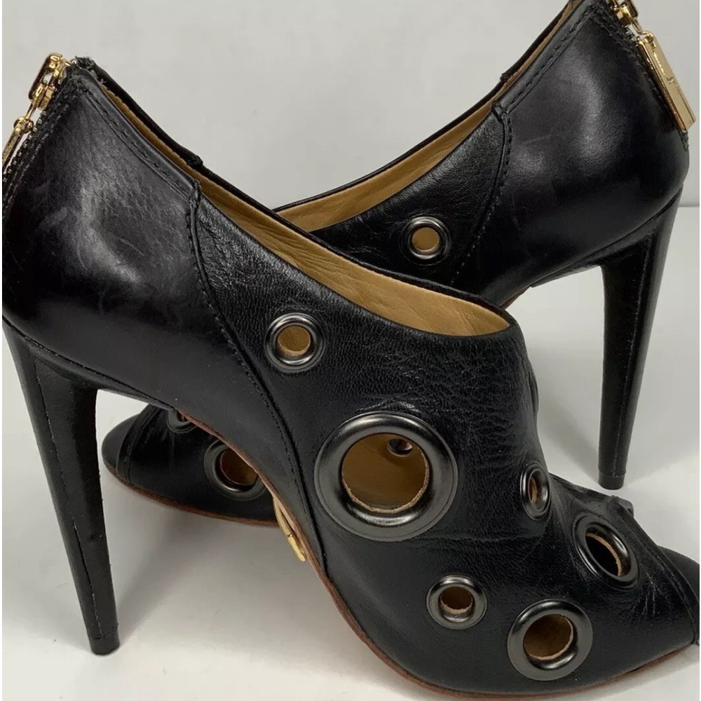 L.A.M.B. Peep Toe Black/Silver Booties with Grommets